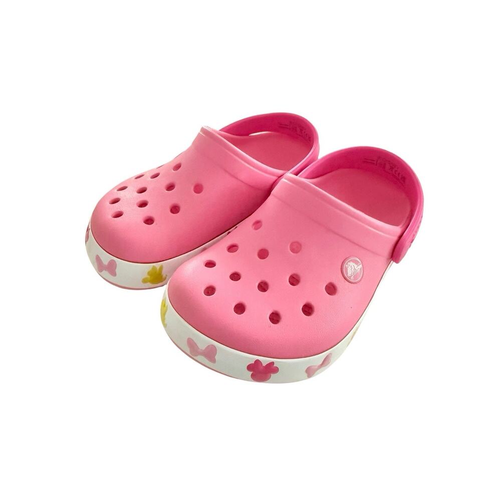Size 1 Kids Crocs Disney Minnie Mouse Pink Flashing Soles Works EUC